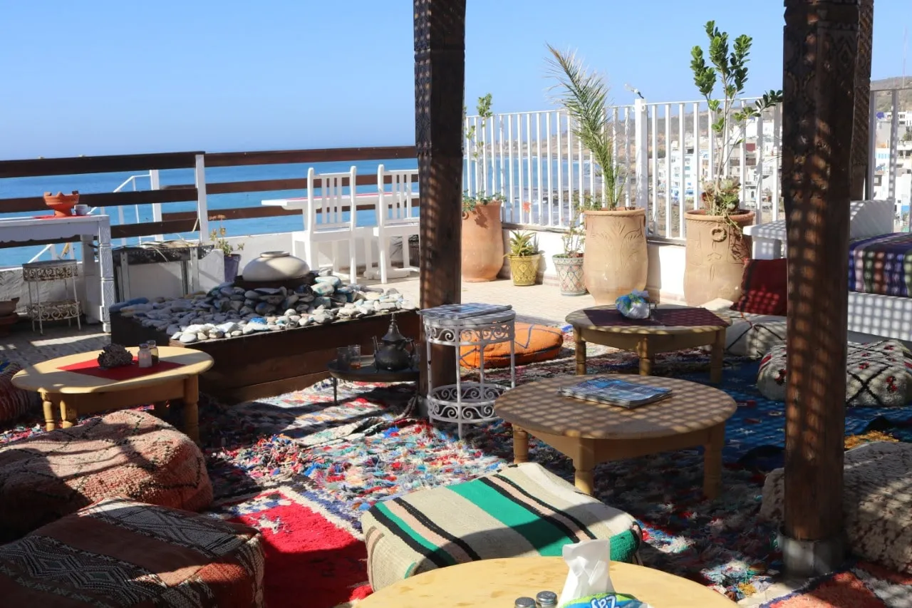 The Sea Surf rooftop terrace overlooking Taghazout bay